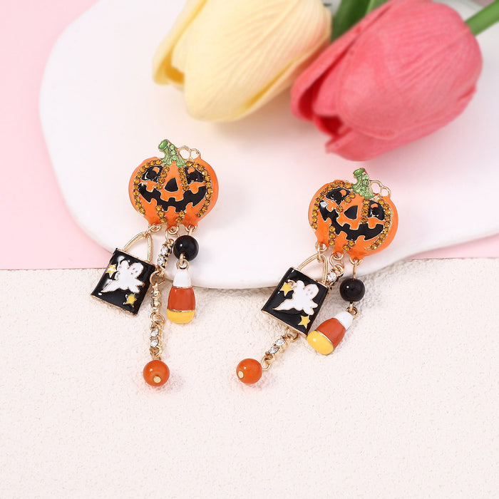 Wholesale Halloween Alloy Inlaid Zircon Pumpkin Skull Tassel Earrings JDC-ES-YueLi025