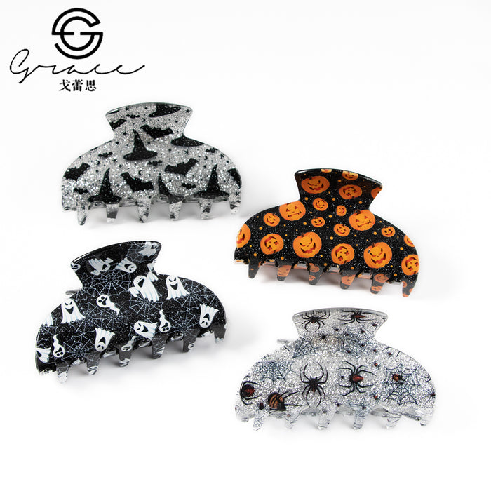 Wholesale Acrylic Claw Hair Clip With Bat Pumpkin Ghost Print Women S Fashion Accessory