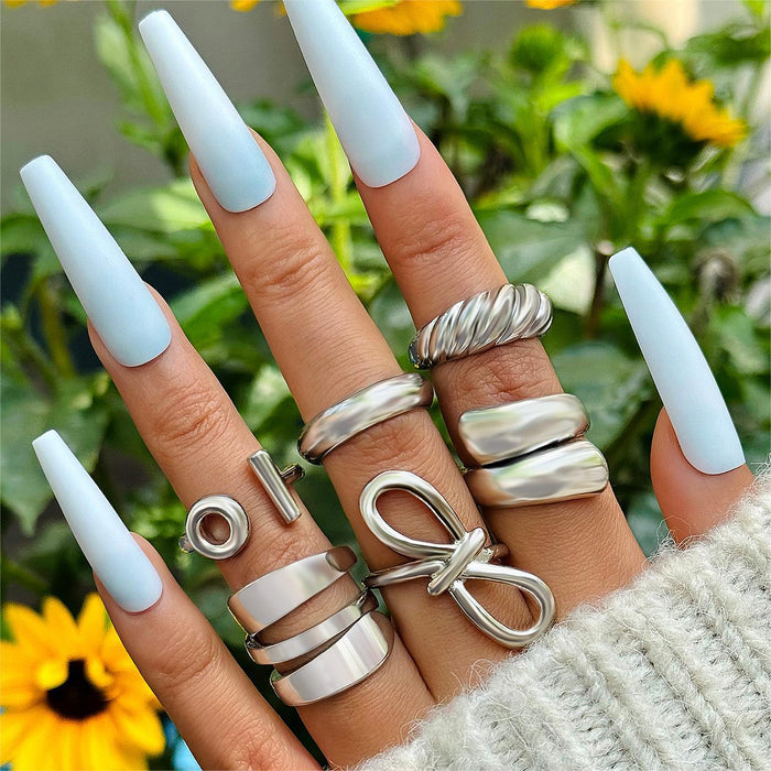 Wholesale Exaggerated Geometric Curved Alloy Open Ring Six-piece Set JDC-RS-YongG002
