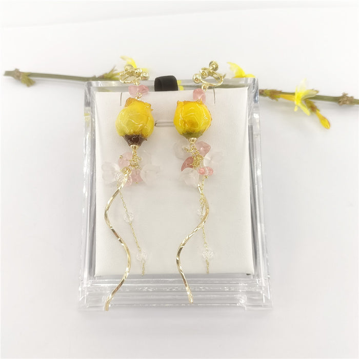 Wholesale New Eternal Flower Rose Earrings Vintage Super Fairy Long Versatile True Flower Earrings Eardrops Earclips