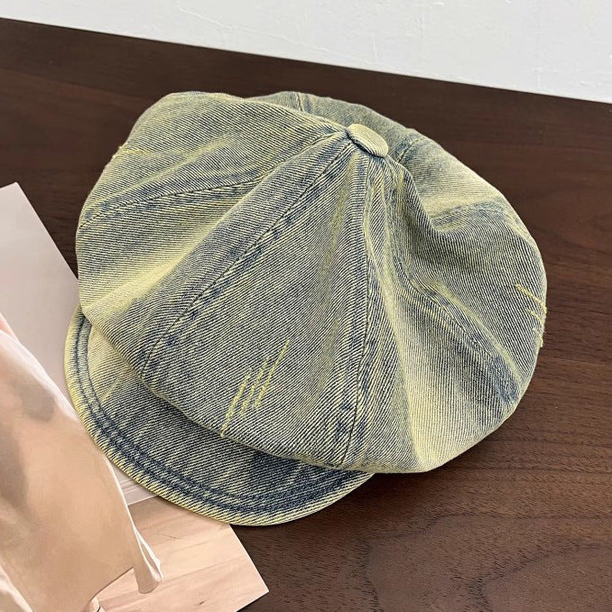 Wholesale Gradient washed denim newsboy hat, new artistic style soft eaved cloud octagonal hat