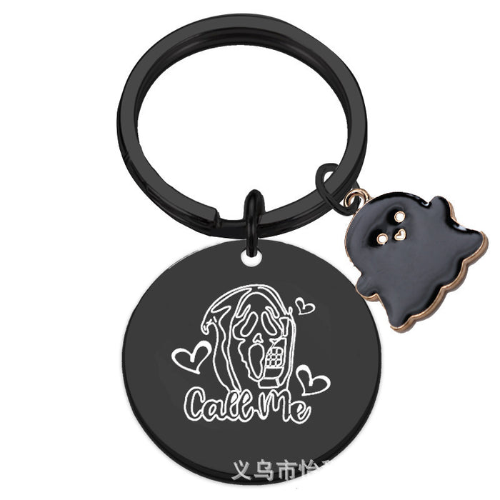 Wholesale  Ghost Stainless Steel Keychain Laser Engraved Round 30mm Gift for Couple Acce MOQ:2ssory