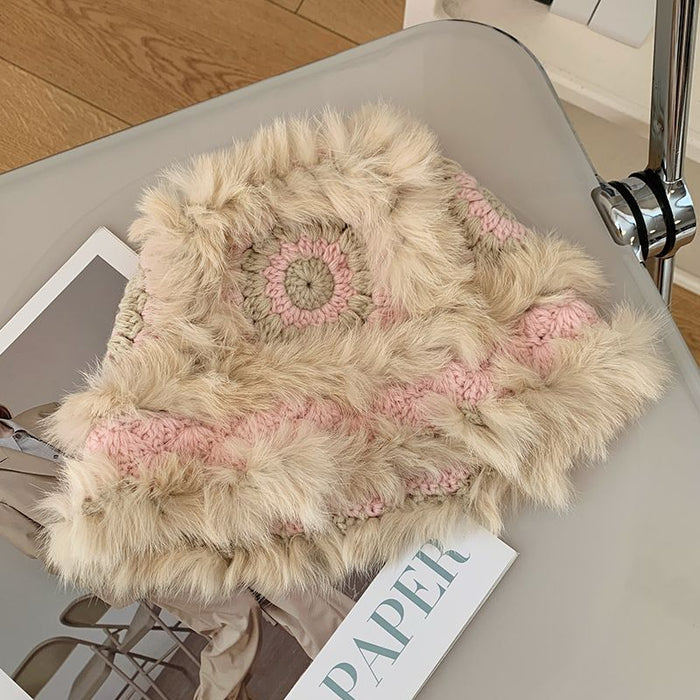 Wholesale Rabbit hair knitted plush hat for women in autumn and winter, new furry lion awakening fisherman hat, face enhancing small woolen hat