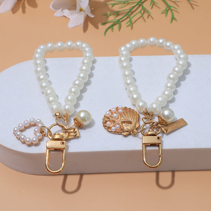 Wholesale Pearl Love Shell Keychain Beaded Hand Chain Key Ring Girl Heart Mobile Phone Bag