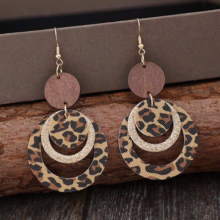 Wholesale New retro style three-layer leopard print sequin ring leather earrings and earrings wholesale