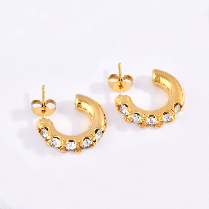 Wholesale Geometric titanium steel earrings,  18K gold stainless steel inlaid pearl C-shaped earrings.