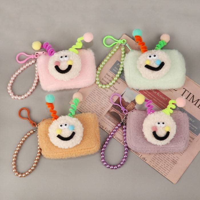 Wholesale Trendy Face Plush Square Card Holder Keychain Wallet Pink Macaron Style Everyday Wear Boutique Resale