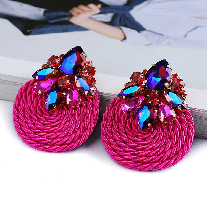 Wholesale Fashionable hand woven rope with circular inlaid colorful crystal earrings, elegant earrings and jewelry