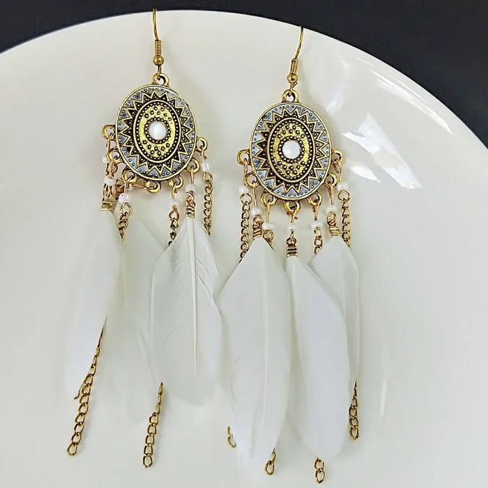 Wholesale Vintage earrings, fashionable feather chain tassel earrings, long style