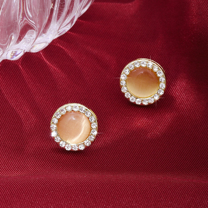 Wholesale Silver Needle Fashion Cat Eye Stone with Diamond and Pearl Earrings, High Grade Color Round Earrings, Wholesale