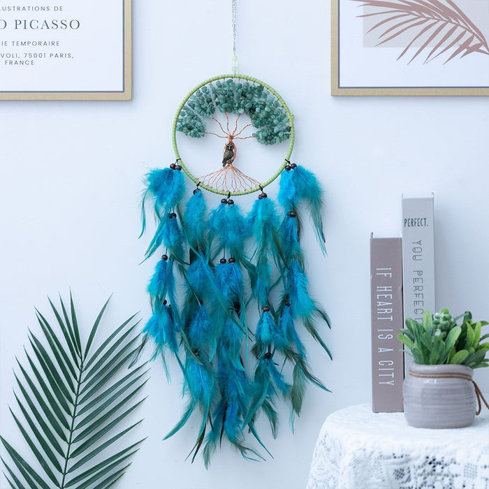 Wholesale Feather Dreamcatcher Wall Hanging with Tree of Life Design and Natural Stone Accents