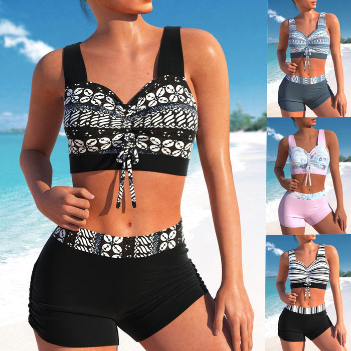 Wholesale Quick drying high waisted shorts gather sexy split bikini swimsuits in stock