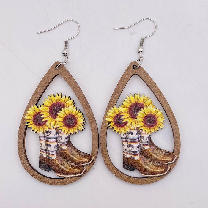 Wholesale Retro Wooden Earrings Western Denim Series Cowhead Sunflower Boho Earrings