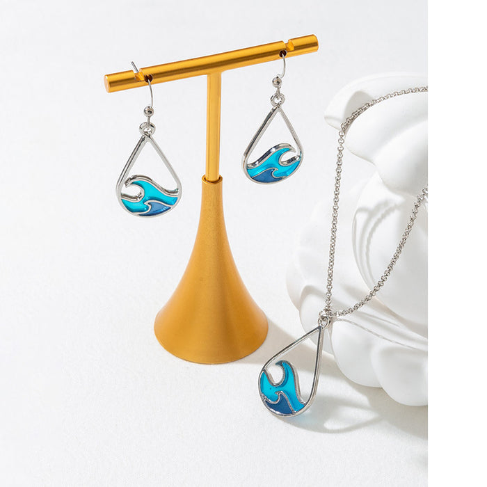 Wholesale Wave design stainless steel necklace earrings suit female ins fashion blue sweater chain manufacturers