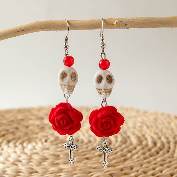 Wholesale  funny fun skull tassel rice beads earrings creative personality rose earrings