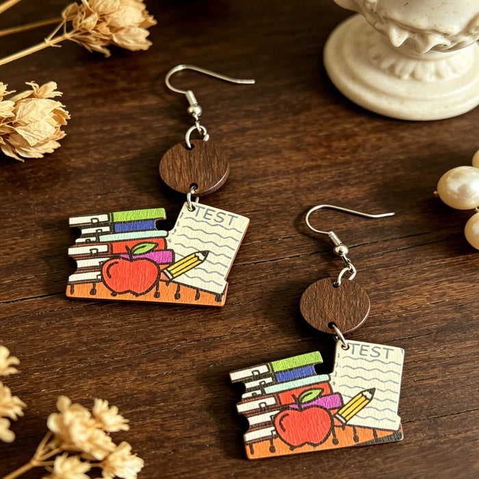 Wholesale Book and Pencil Wooden Earrings Teacher Theme Trendy Jewelry Accessory
