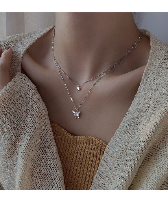 Wholesale Diamond studded bow pendant, water wave chain necklace, simple accessory, double-layer layered collarbone chain