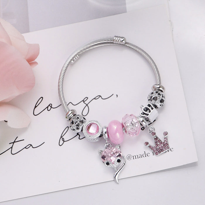 Wholesale Fox Crown Pendant Crystal Beaded Bracelet Women Stainless Steel Fashion Accessory Gift
