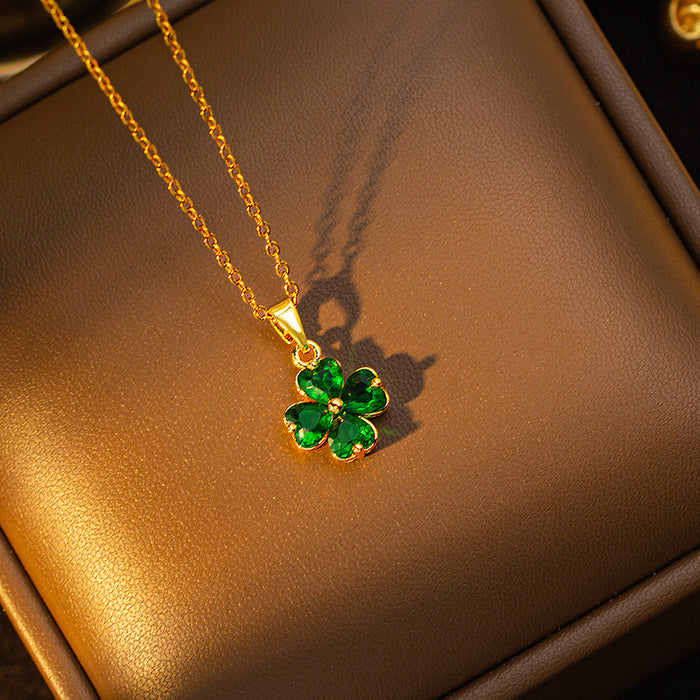 Wholesale Copper-set zircon four-leaf clover colored Titanium steel pendant necklace and earring set