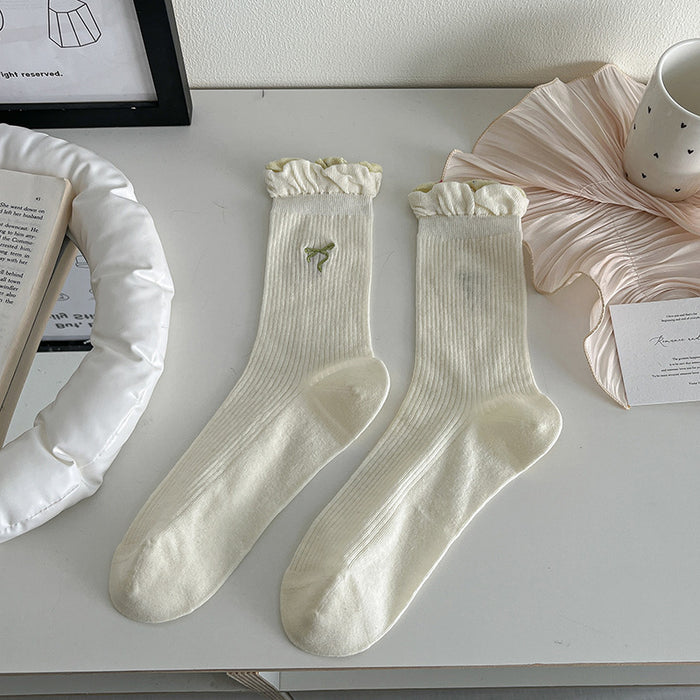 Wholesale Thin double-layer bubble mouth lace bow middle tube socks stacked with cotton socks