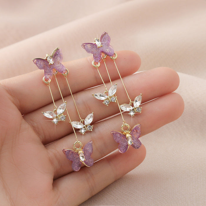 Wholesale Silver Needle Butterfly Earrings, Light Luxury, High Grade, Sparkling Diamond Long Earrings, Retro Style Earrings
