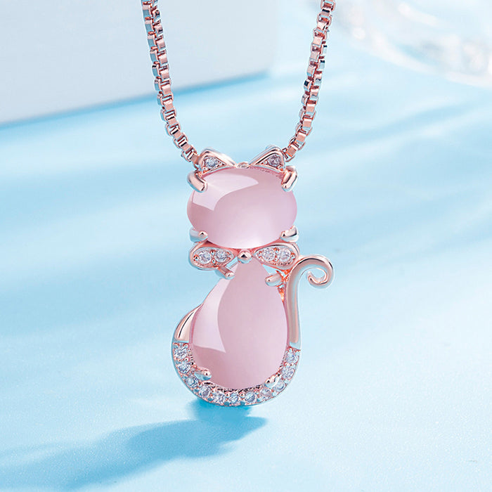 Wholesale Necklace Copper Pink Crystal Cat Pendant Clavicle Chain JDC-NE-JKL006