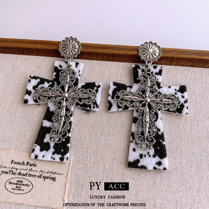 Wholesale Western-style leather leopard print cross earrings