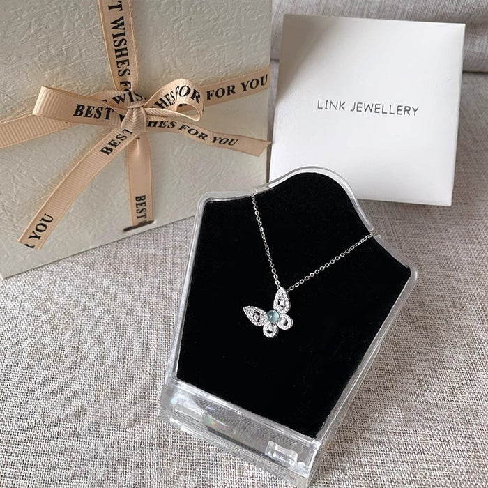Wholesale Butterfly gemstone necklace with diamond inlay pendant, light luxury titanium steel, colorfast collarbone chain