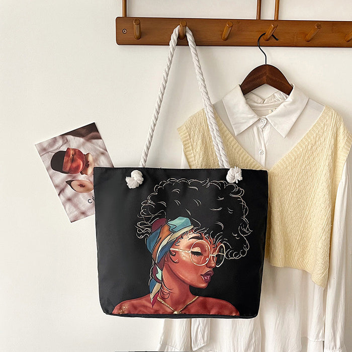 Wholesale Outdoor practical versatile retro canvas bag cartoon print portable beach bag large capacity