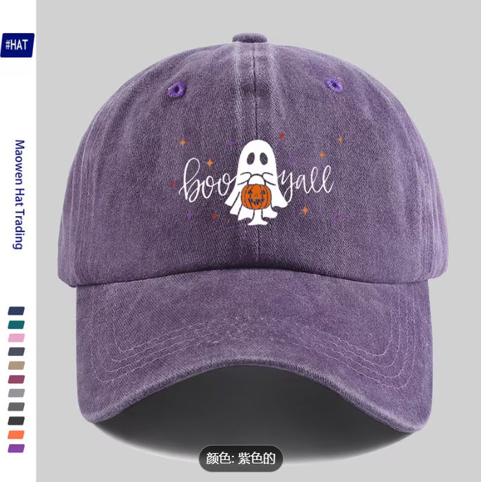 Wholesale Washed Distressed Black Baseball Cap  Ghost Print Soft Top Adjustable Unisex