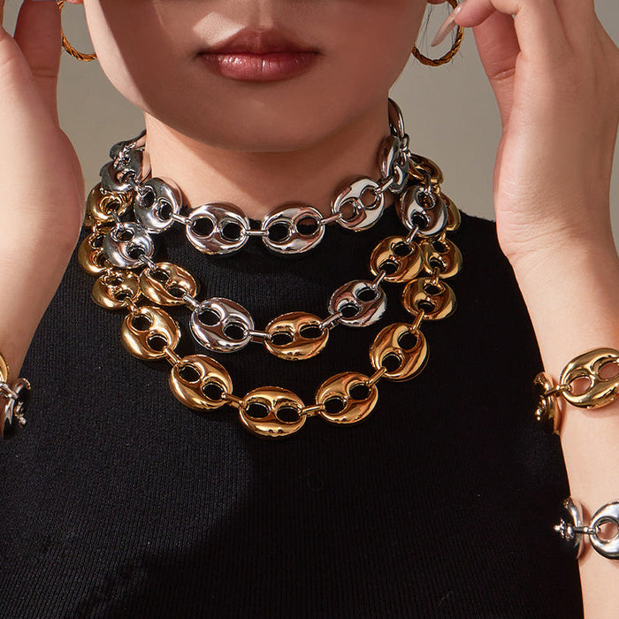 Wholesale Color-blocked hollow coffee bean titanium steel bracelet clavicle chain