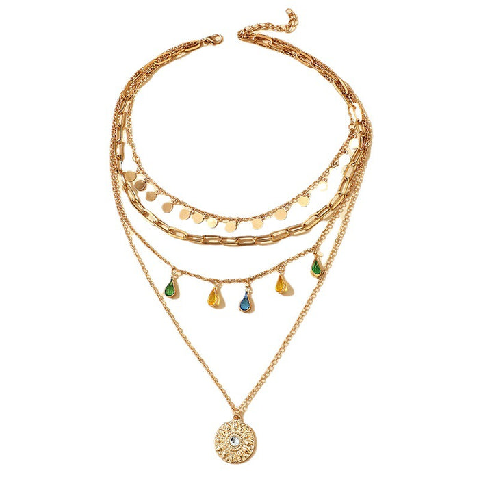 Wholesale Geometric Round Tassel Neck Chain Alloy Buckle Ring Round Pendant 4-Layer Necklace