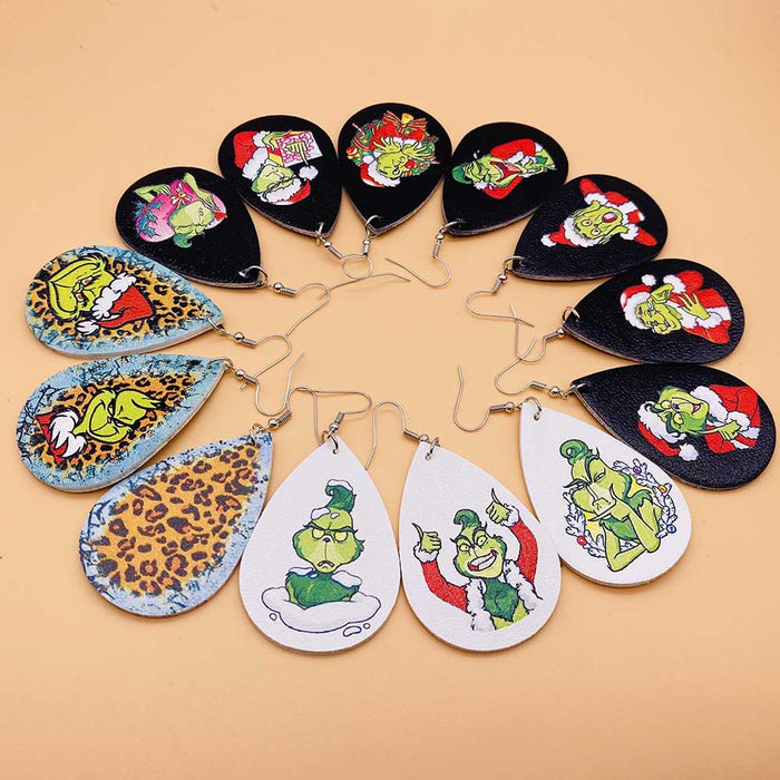 Wholesale  Christmas Green Frog Leather Earrings  Double-Sided Printed Earrings Holiday Accessories