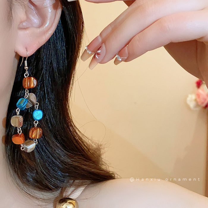 Wholesale Retro irregular shell square bead tassel earrings with light luxury, high-end feel, ear hooks, fashionable and versatile earrings