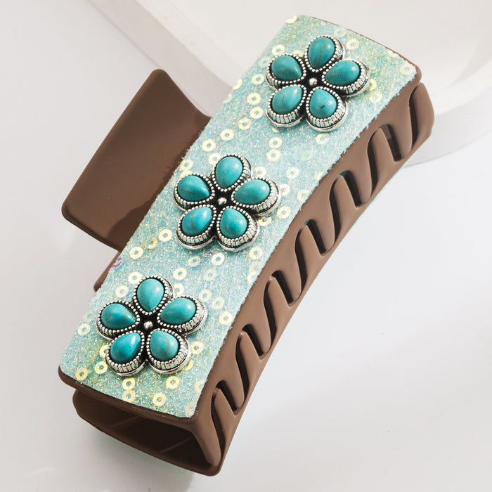 Wholesale Retro Leather Diamond-encrusted Pearl Turquoise Grab Clip Back Head Tie Hair Square Clip Elegant Hair Clip