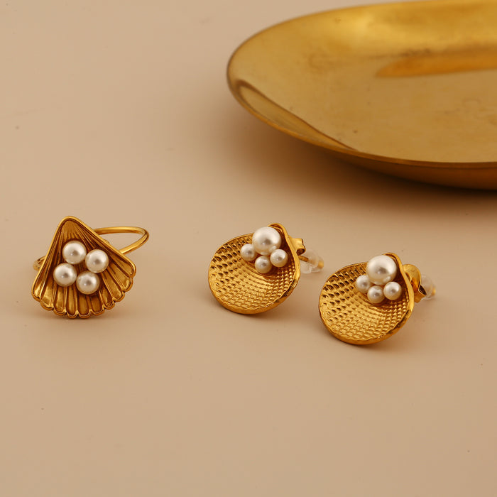 Wholesale Fashionable stainless steel pearl ring earring set with high-end temperament and shell earrings ring