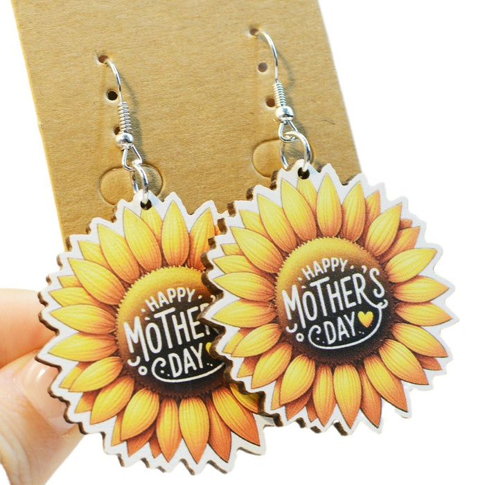 Wholesale Mother's Day Sunflower MAMA Wooden Single Side Print Earrings JDC-ES-ChenChen001