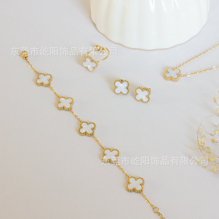 Wholesale Titanium Steel 18k Double-Sided Four-Leaf Clover Necklace Bracelet Earrings Ring Set JDC-BT-YiYang003