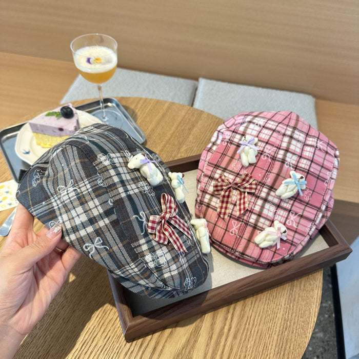 Wholesale Grid forward hat niche design cartoon bow plaid beret