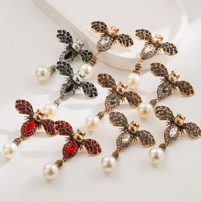 Wholesale Vintage Bee Pearl Drop Earrings Alloy Electroplated Fashion Jewelry Accessory