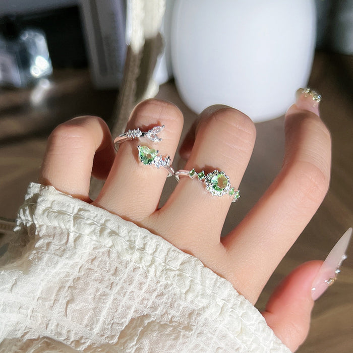 Wholesale Temperament Light Green Zircon Open Ring, niche design, exquisite layering, high-end feeling, light luxury ring