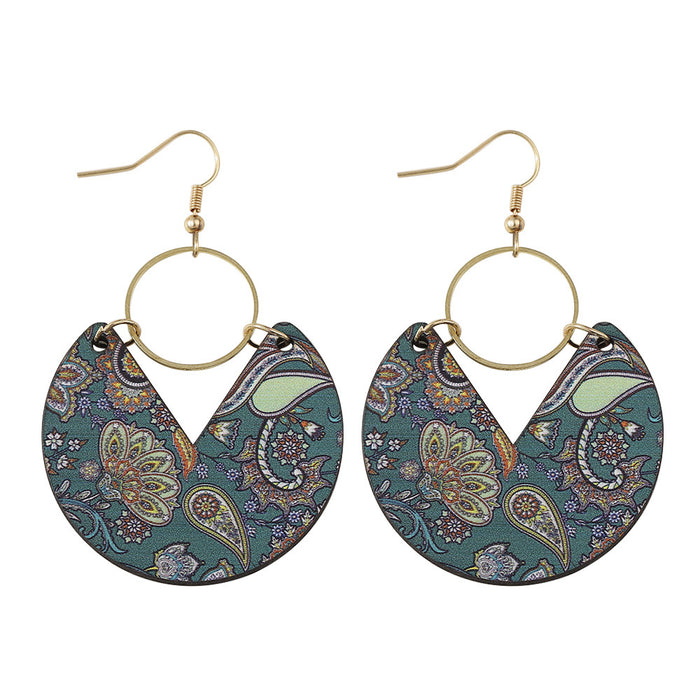 Wholesale Blue dyed printed earrings Bohemian earrings double-sided wooden geometric stripes splicing female earrings