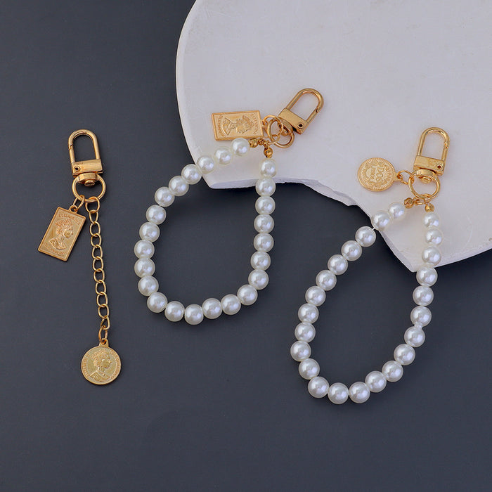 Wholesale Pearl Bead Chain Keychain Metal Square Figure Pendant Mobile Phone Case Hanging