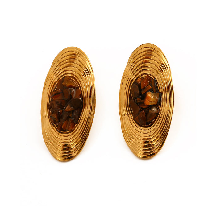 Wholesale Vintage exquisite high-end stainless steel oval earrings set with natural stone earrings and ring set