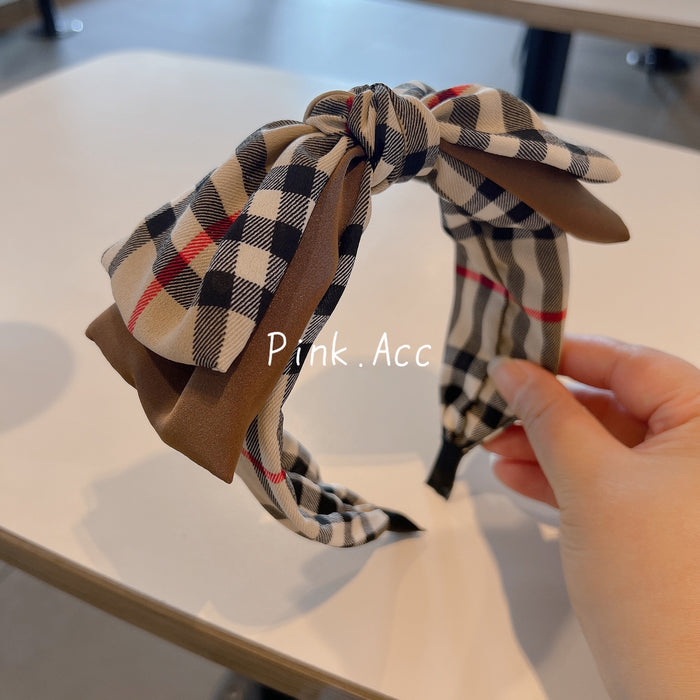 Wholesale Striped Plaid Double-layer Large Edition Bow Fabric Hair Hoop JDC-HD-Huaj019