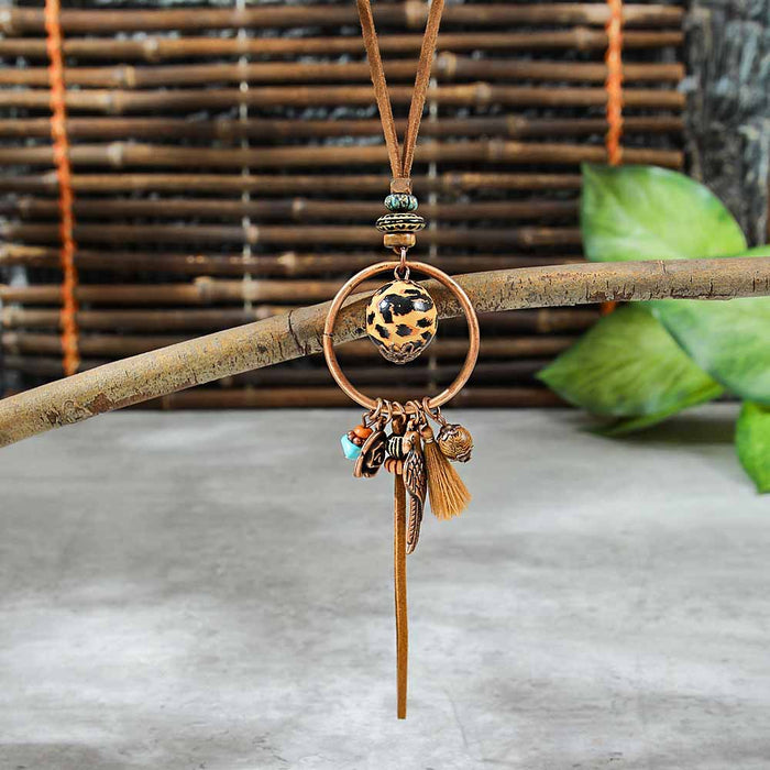Wholesale Bohemian Dreamcatcher Tassel Earrings and Wooden Pendant Necklace Set