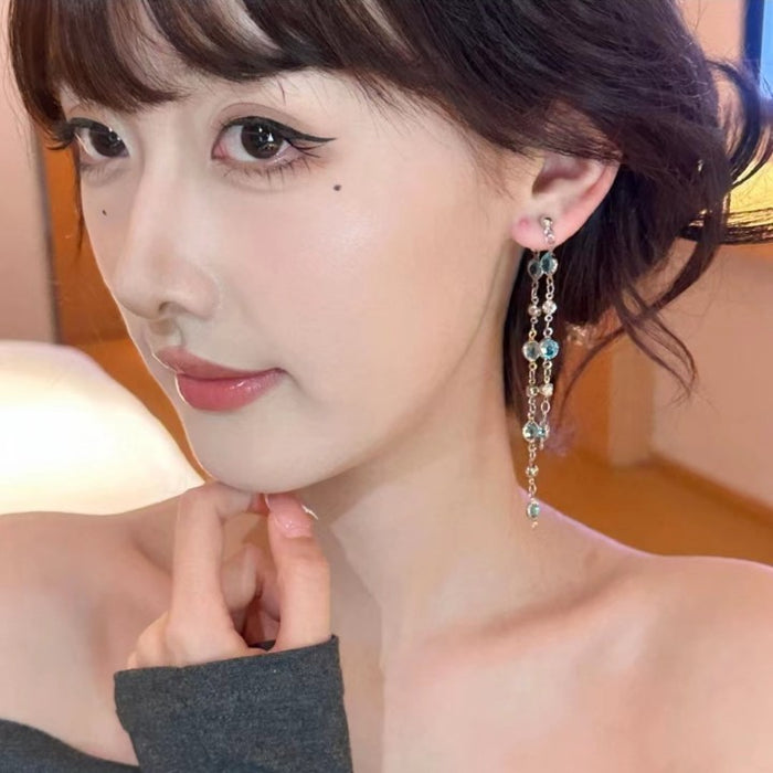 Wholesale Glacier blue crystal tassel earrings long style, light luxury and versatile design earrings