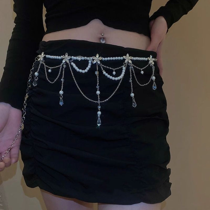 Wholesale Silver Flower Pearl Water Drop Tassel Waist Chain Accessible