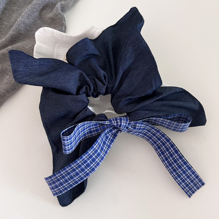Wholesale A niche retro blue checkered bow square scarf with a low ponytail style, headband, headband, and hair accessories