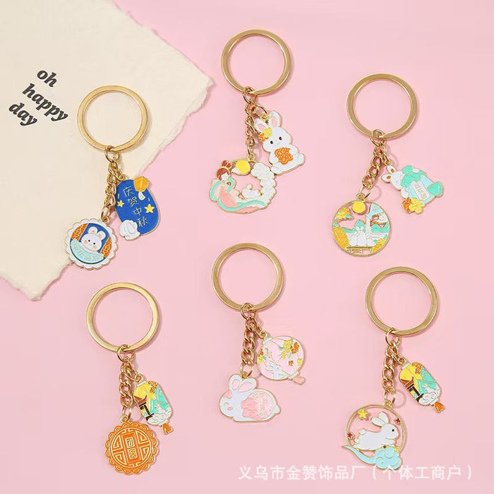 Wholesale Cartoon keychain pendant metal jade rabbit moon cake creative Mid-Autumn Festival souvenir pendant gift small gift